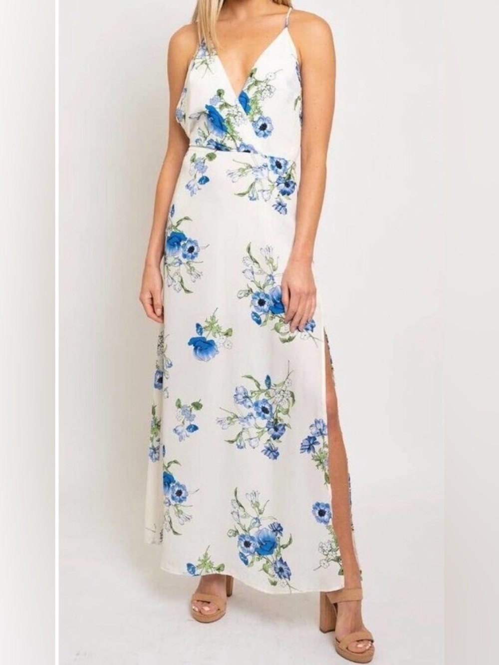 Lush White and Blue Floral Surplice Maxi Dress